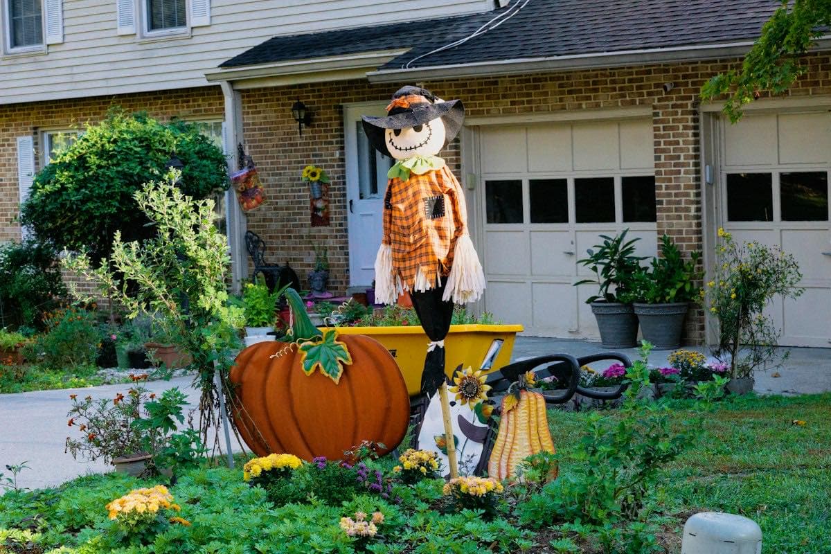 A scarecrow in a pumpkin costume in a yard