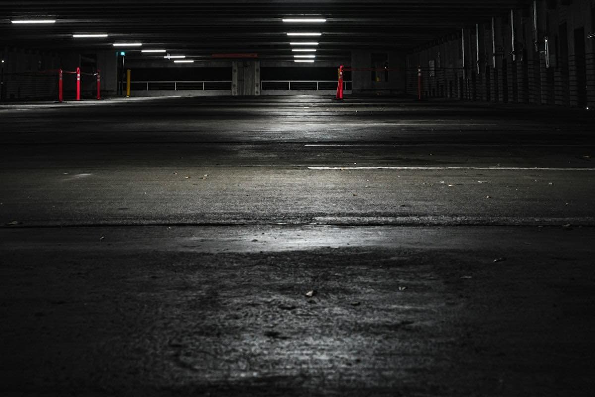 An empty parking garage at night