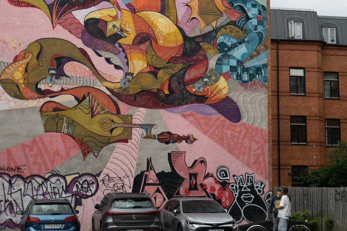 A large mural on the side of a building