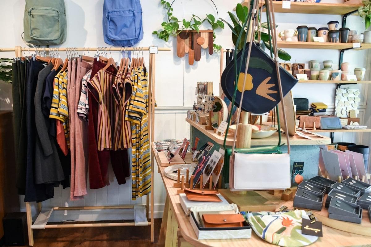 Clothes on a rack in a boutique