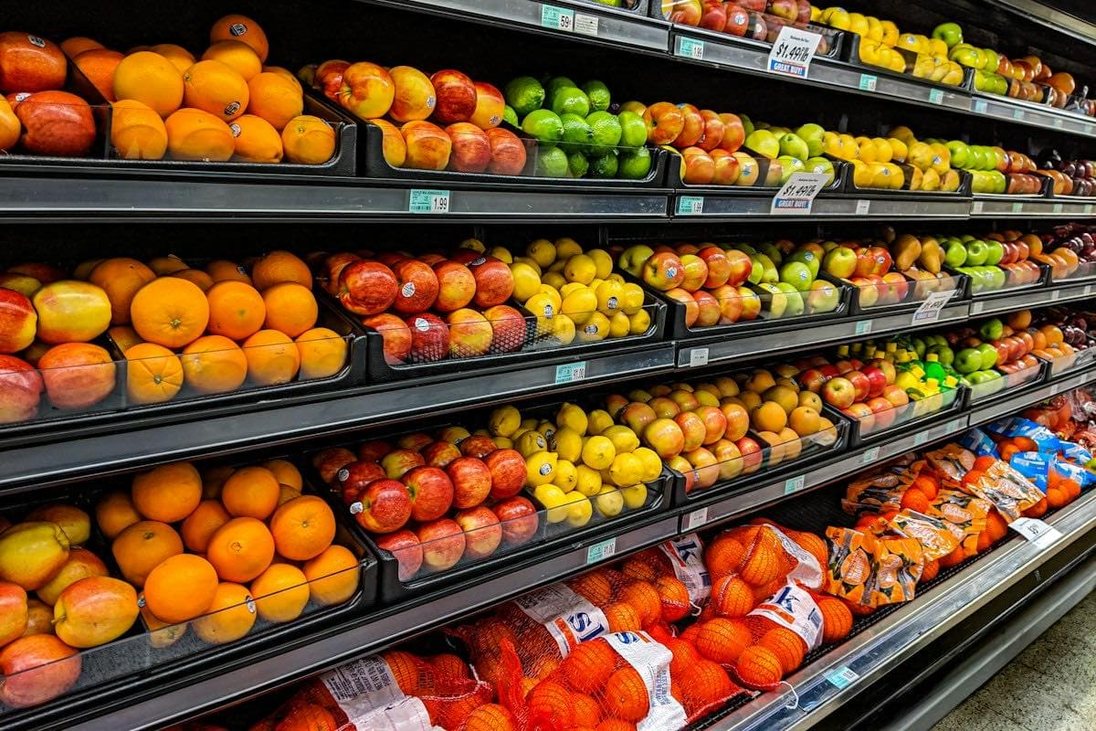Shelves of fresh fruit in a grocery store