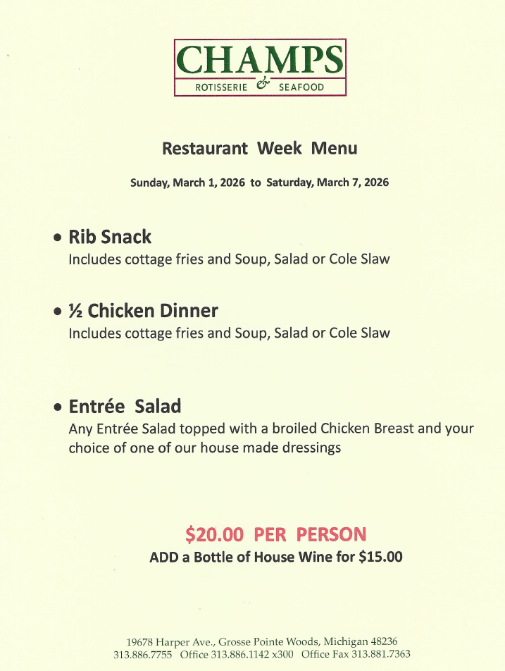 Champs Rotisserie and Seafood on 2026 Grosse Pointe Restaurant Week